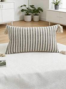1pc/2pcs Black & White Striped Pillow Cover, Bohemian Jacquard Canvas Fabric With Tassels, Nordic Ins Daily Bedroom Living Room Sofa Decor, Outdoor Garden Patio Lounge Chair Cushion Cover, Seasonal Holiday Party Home Decor, 30*50cm 45*45cm (Without Insert) - Black and White Stripes - View 12