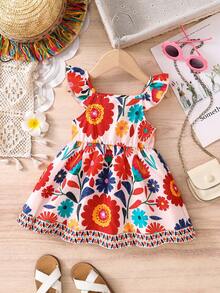 1pc Baby Girls' Summer Sleeveless Thin Dress, Baby Girl Floral Print Elastic Waist Backless Sundress, Cute Bohemian Vintage Floral Lace Trim Casual Dress, Newborn 1st Birthday Gift, Soft Breathable, 0-1-2-3 Years, 6-9 Months, Suitable For Outdoor, Casual, Party, Holiday - Multicolor - View 2