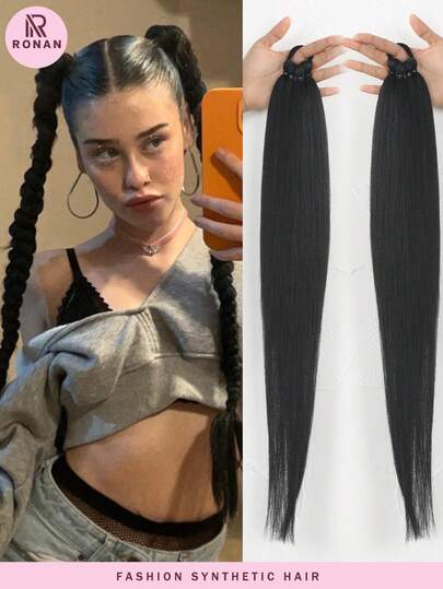 2 Pieces 24 Inch Black Ponytail Braid With Elastic Band, Heat Resistant Synthetic Hair, Suitable For Women
