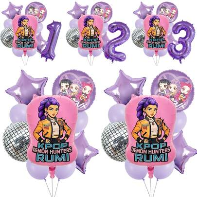 Set decorativo di palloncini a tema gruppo musicale femminile K-pop, adatto per feste di compleanno di bambine, festival musicali, decorazioni per battesimi, torte, pareti, con palloncini in foil rosa e viola e palloncini a forma di numeri
