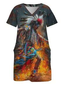 Style Woman's 3D All-Over Print Plus Size Pocket Dress With Headdress And Fire Dance Theme Cultural Festivals And Autumn Events Women Who Love Bold Artistic Exp - 白色 - 查看 4