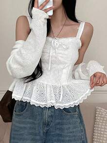 Women's Sleeveless Top With Bowknot Front Design, Floral Print, Solid Color, Spaghetti Strap, Spring/Summer Casual White - White - View 4