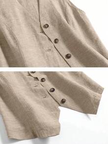 Áo khoác vest vải lanh thường ngày cỡ lớn cho nữ, kiểu dáng ngắn cho kỳ nghỉ xuân và hè - Màu Khaki - Xem 5