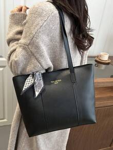 时尚简约围巾装饰PU手提包/单肩包，适合女性购物、通勤上班 - 黑色 - 查看 6