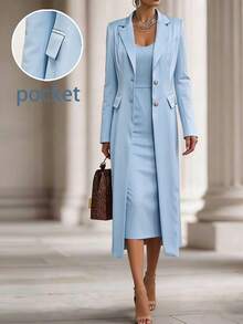 Women's Long Blazer Jacket And Solid Color Elegant Dress 2 Pieces Set, Front Button Closure, Office Wear - Blue - View 2