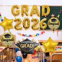 13件套2026黑色金色毕业派对气球，包含16英寸2026数字气球、16英寸金色GRAD铝箔气球、毕业帽、祝贺毕业铝箔气球，适用于2026毕业派对装饰、大学/高中毕业主题、生日、返校教室装饰、拍照道具。 - 彩色 - 查看 4