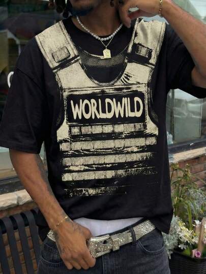 Áo thun raglan nam in chữ World Letter Tactical Vest, phong cách đường phố thường ngày, kỹ thuật số, quân đội, in hai mặt, hip hop mạnh mẽ, chất liệu mềm mại, thích hợp cho mùa hè.