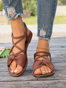 Mẫu mới về: Sandal đế bằng nữ có nơ, màu trơn, chất liệu vải, thích hợp đi biển mùa hè. - Cà phê nâu - Xem 3