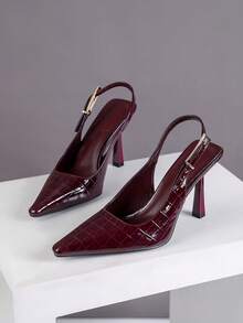 Women's Pointed Toe High Heel Shoes With Metal Buckle Strap And Open Heel Design - Burgundy - View 3