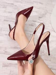 Women's New Burgundy Pointed Toe Stiletto Heels, Sexy Backstrap Commuting & Dating Versatile High Heels - Burgundy - View 5