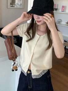 Cute Lace Trim Sweet & Gentle Elegant Solid Color Crew Neck Knit Short Sleeve Top Summer - Beige - View 3