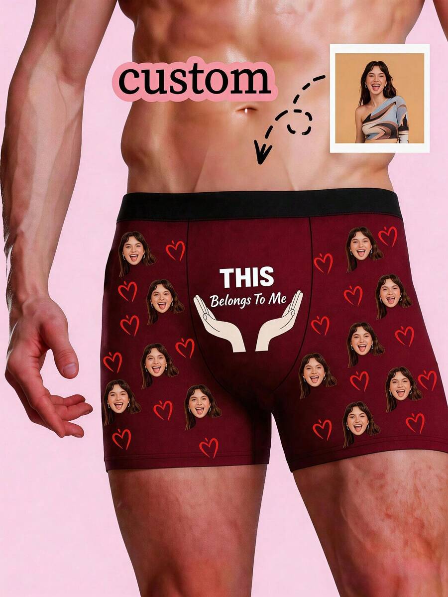 1pc Customized Photo & "This Is Mine" Print Black Polyester Comfortable Fitted Romantic & Unique Valentine's Day Gift & Daily Wear Briefs For Men - Burgundy - View 1