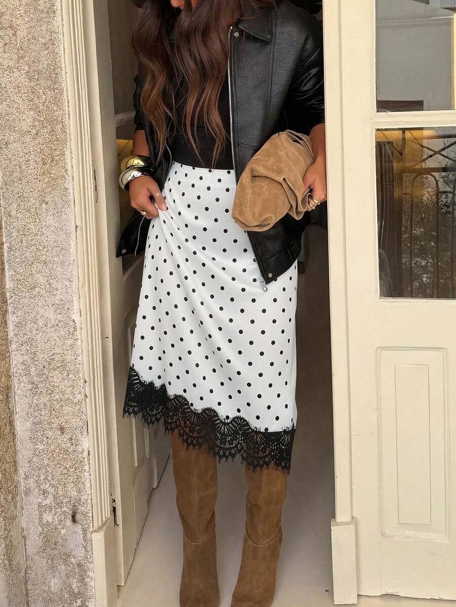 Saia midi feminina de renda preta com bolinhas, sem elasticidade, estilo vintage elegante para deslocamento, encontro, escritório, casual, uso diário e festa (YY1303) - Branco - Ver 1