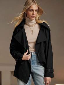 女士秋冬外套，配有实用抽绳口袋，适合寒冷天气下的城市通勤和春季穿着。 - 黑色 - 查看 7