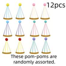 Sombreros de papel en forma de cono con rayas de 6 colores tipo macarrón y decoración aleatoria de pompones, sombreros de fiesta adecuados para fiestas de té en el jardín, revelación de género, bodas y otras fiestas con accesorios para fotos, también se pueden usar como decoración para carnavales, fiestas en la piscina, picnics y otras celebraciones - Sombrero de rayas con motas doradas - Ver 9