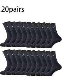1/6/10/15/20 Pairs Men's White Solid Color Mid-Calf Breathable Versatile Socks - Black - View 12