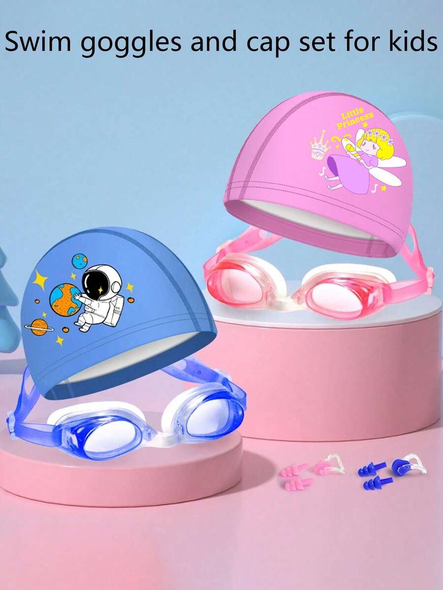 Bộ 5 món đồ bơi trẻ em dễ thương bằng chất liệu PU hình hoạt hình - Nàng tiên cá, Phi hành gia, bao gồm 1 mũ bơi, 1 kính bơi, 1 kẹp mũi, 2 nút bịt tai. - Nhiều màu - Xem 1