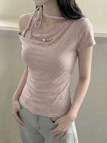 Rikumo Maglietta da donna con maniche asimmetriche a pois in stile coreano Y2K, rosa, a spalle scoperte, aderente, adatta per strada, pendolarismo, appuntamenti casual - Rosa - Visualizzare 7