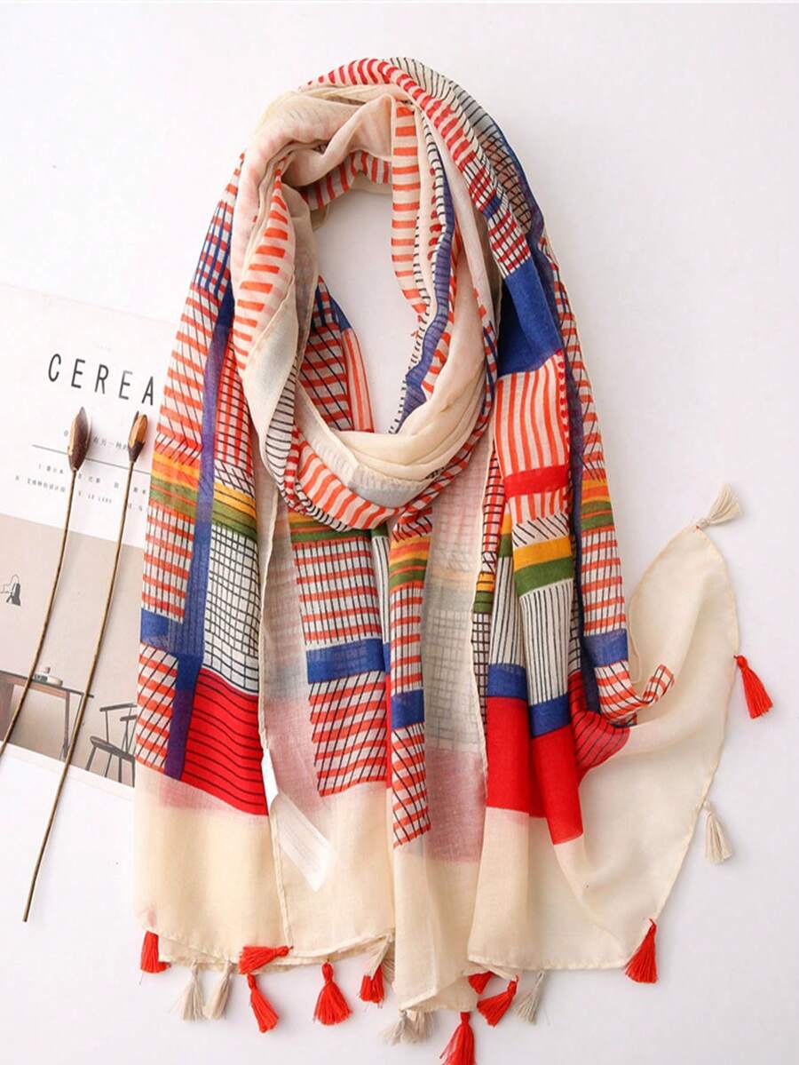 1pc Lightweight Printed Scarf With Tassels, Elegant Design Fashion Shawl For Women, Breathable Chiffon Scarves For Spring/Summer, Versatile Headscarf, Beach Wrap, Sun Protection,Holiday,Travel Essential,Holiday - Red - View 1