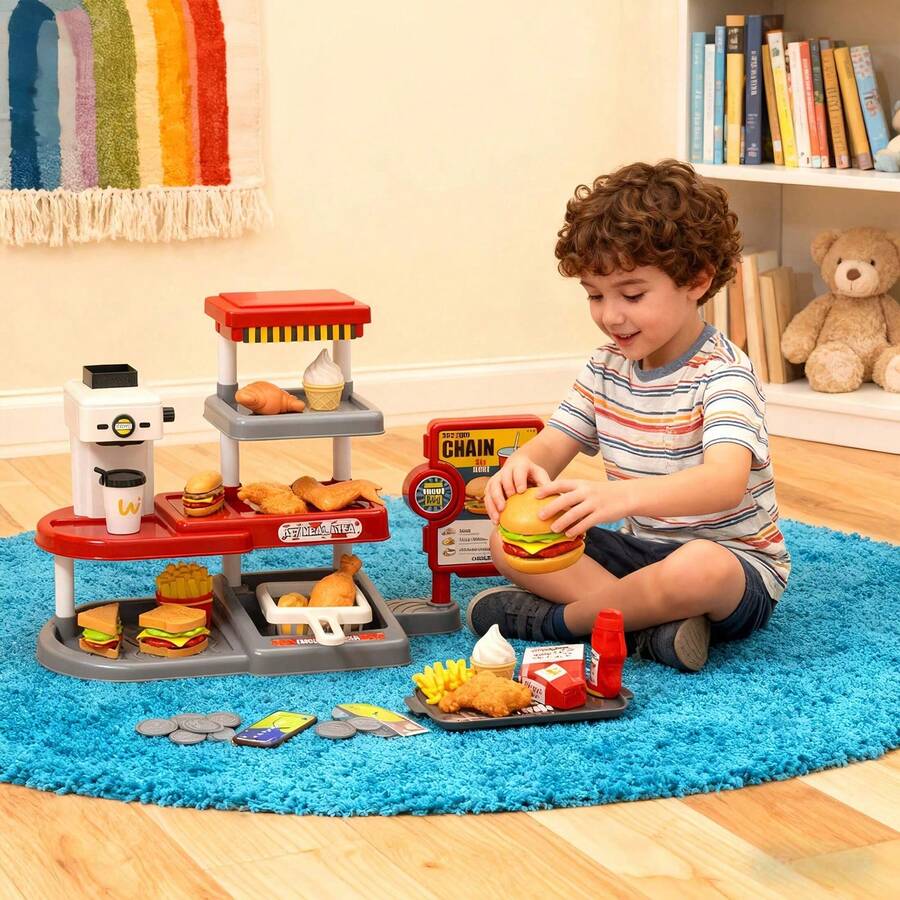 Children's Fast Food & Burger Shop Role Play Toy Set, Kids Fast Food Burger Shop Play Set, 71pcs Kitchen Toy Set With Water-Dispensing Coffee Machine And Cash Register, Educational Role Play Toys