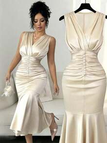 Elenzga New V-Neck Knitted Solid Color Sleeveless Elegant Pleated Design With Pearl Decor Ruffle Hem Fitted Midi Dress, Flattering & Graceful For Holiday, Party, Valentine's Day - 杏色 - 查看 5