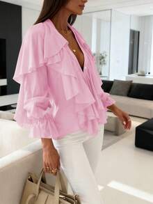 Áo kiểu nữ cổ chữ V tay phồng xếp ly cài nút, chất liệu chiffon mềm mại, thời trang, gợi cảm, hơi xuyên thấu, phong cách bohemian, thích hợp mặc đi biển, màu hồng xuân/hè/thu. - Hồng - Xem 4