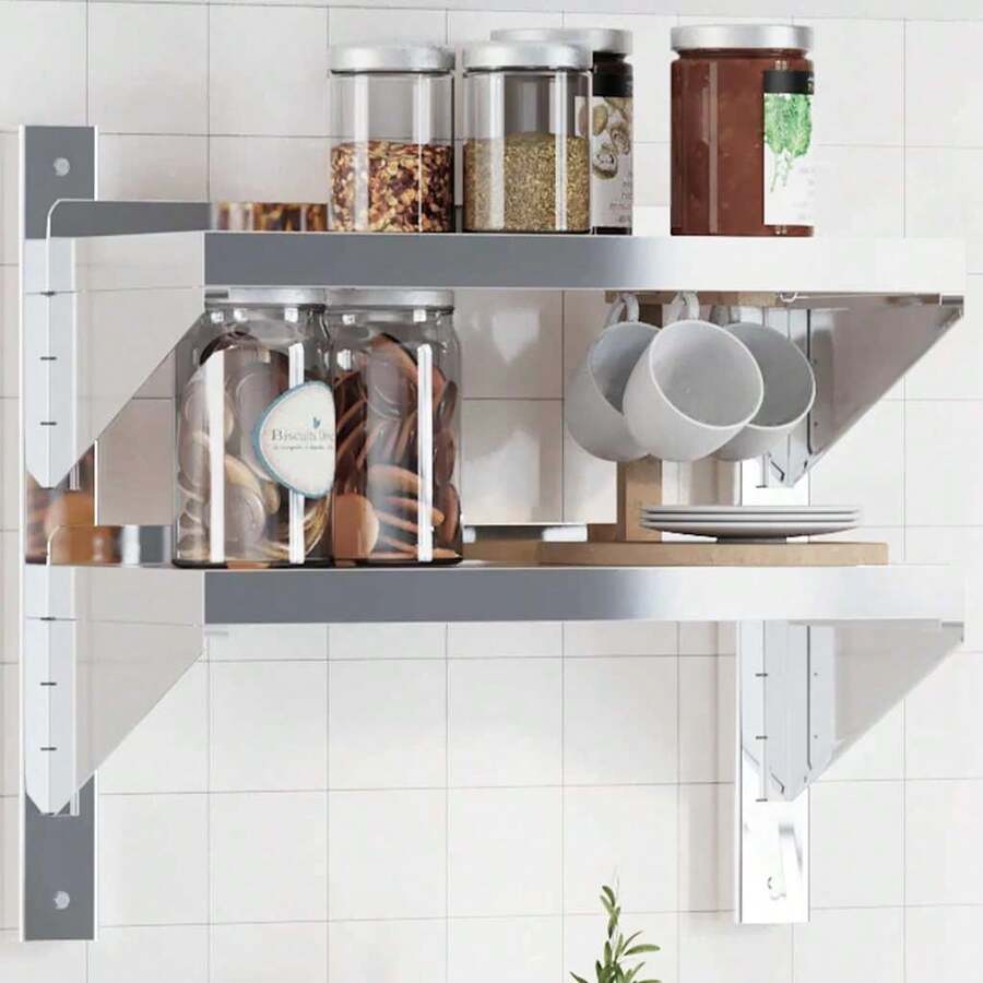 Étagère murale à 2 niveaux 50 x 23,5 x 48 cm Acier inoxydable argenté - 1PC - Voir 1