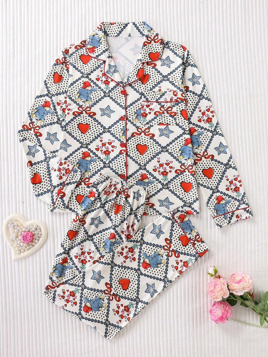 Bộ đồ ngủ nữ 2 món in hình gấu và trái tim lãng mạn, chất liệu satin cao cấp, mềm mại và thoải mái, áo tay dài cài cúc dáng rộng và quần, bộ đồ ngủ nữ thanh lịch. - Màu xanh bụi bặm - Xem 1