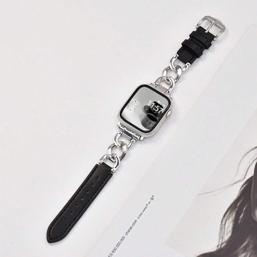 1条创意金属拼接软皮黑色表带，兼容苹果手表表带45mm、44mm、41mm、40mm、49mm、42mm、38mm - 黑色 - 查看 1