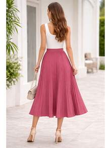 Elegant Pleated Skirt In Stretch Fabric With Lining, Suitable For Women's Evenings, Weddings, Holidays, And Offices. Timeless. - Màu hồng gỉ - Xem 2