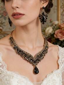 2件套黑金V形水滴形首饰套装，奢华复古设计，适合宴会/晚宴佩戴，项链和耳环套装 - 黑色 - 查看 5