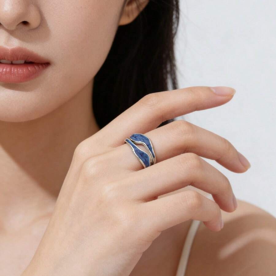 1个极简几何不锈钢滴油开口戒指，适合女性日常佩戴 - 藍色 - 查看 1