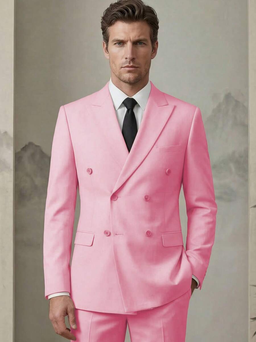 Mens Double Breasted Suit 2 Piece Slim Fit Peak Lapel Wedding Groom Prom Statement Blazer Pants(Suit+Pants)(XS-3XL) - 粉色 - 查看 1