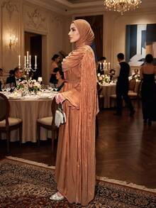 闪亮优雅褶皱斗篷长袍，时尚反光面料晚礼服，适合各种派对和庆典，穆斯林女装 - 棕色 - 查看 4