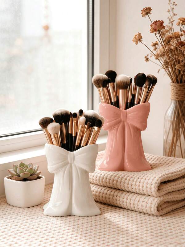 1Pc Coquette Aesthetic Cute Glossy 3D Bow Knot Makeup Brush Holder For Vanity Desk Cosmetic Storage Desktop Decor Valentine's Day Mother's Day Birthday Gift