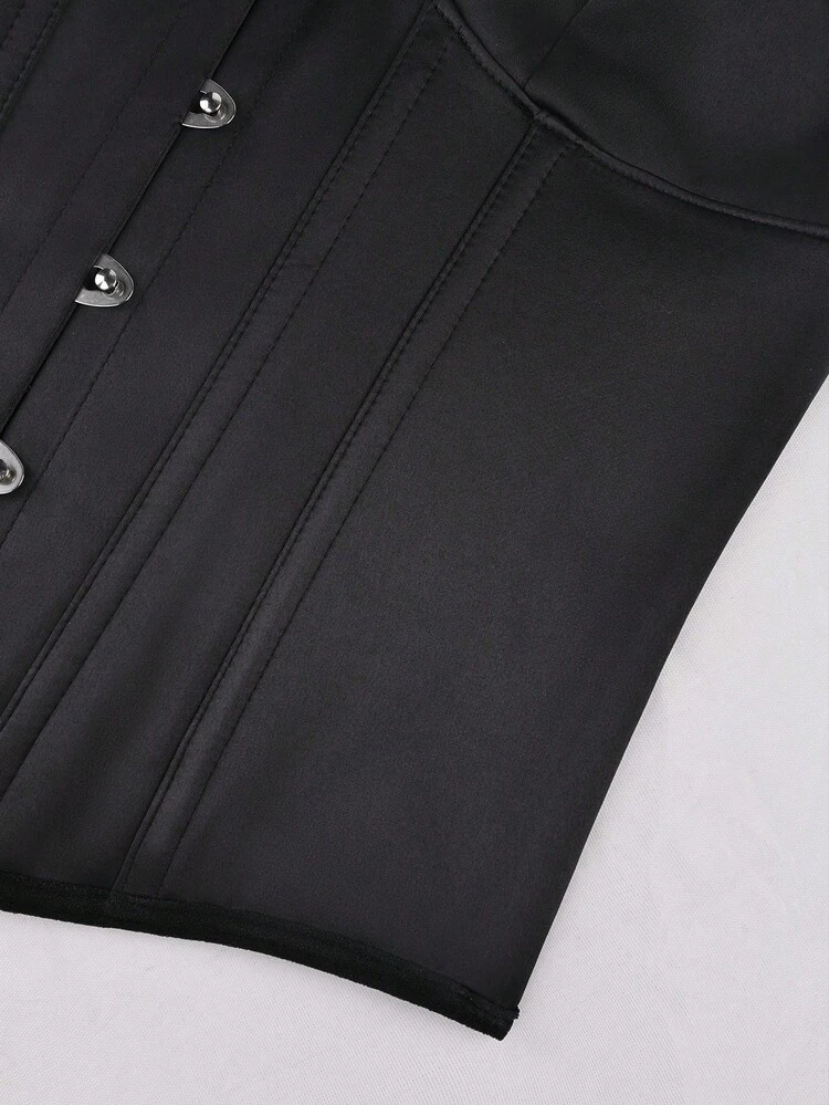 Top Corselet com Cadarço de Cetim, Regata Feminina com Alças Finas e Fechamento com Gancho, Blusas Sem Mangas com Amarração na Frente, Modelador de Cintura, Dia dos Namorados, Verão Preto Festival - Preto - Visão 6