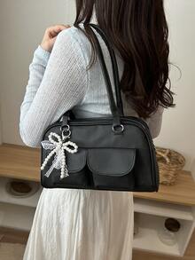 时尚蝴蝶结腋下包，韩版新款休闲枕形包，刺绣简约单肩包带吊坠 - 黑色 - 查看 5