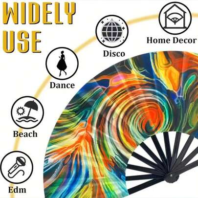 1 UV Fluorescent Music Festival Fan - Handmade Plastic Folding Fan With Colorful Vortex Pattern, No Batteries Required, Suitable For Nightclubs, Carnival Parties, Halloween, Mother's Day Gifts, Home Decoration, Durable Party Accessory