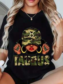Unisex T Shirt With Taurus Zodiac Sign And Camouflage Hat Print Round Neck T Shirt For Casual Wear Party And Everyday OutfitsOutfits For All Seasons, Casual Everyday Wear, Gifts For Family And Friends.-220g - màu đen - Xem 1