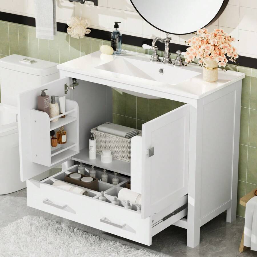 Mueble de baño blanco de 36" con lavabo de cerámica, puertas de cierre suave, dos estantes de almacenamiento y cajón dividido – Mueble de baño moderno con amplio espacio de almacenamiento - 48"+Blanco+2 Paquetes - Ver 1