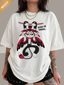 Cute Hazbin Hotel Husk Hang In There Cartoon Graphic T-Shirt, 100% Cotton Unisex Anime Animation Fan Casual Tee - 白色 - 查看 6