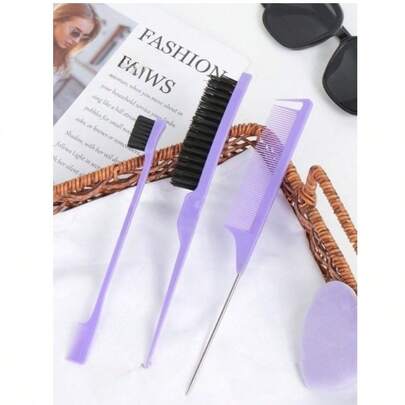 3-Piece Smooth Hairstyle Brush Set, Includes 1 Edge Brush, 1 Regular Brush, 1 Pointed Tail Brush, And 1 Fluffy Brush For Frizz Control And Sleek Styling, Purple Valentine's Day Edition, Hair Styling Tools And Accessories