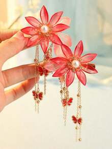 2pcs Chinese Style Pomegranate Flower Tassel Hair Clips, Cute & Sweet, Gift For Women, Suitable For Casual Everyday Wear, Claw Clips, Hair Claws, Hair Slide, Hair Barrettes, Hair Accessories, Head Accessories, Hairpin - 紅色2 - 查看 7