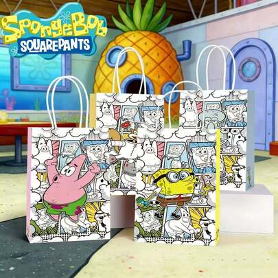 SpongeBob SquarePants 3/6个官方授权礼品袋，印有色彩鲜艳的图案。图案包括：章鱼哥、蟹老板、珊迪和小蜗。可爱的卡通人物礼品购物袋，牛皮纸材质，可重复使用，带提手。适合用作感谢礼品袋、派对和节日礼品袋、节日惊喜礼品袋，也适合开学季使用。