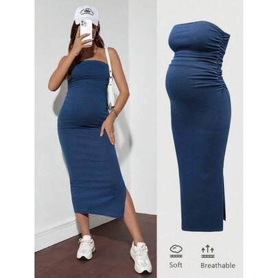 Shein Maternity Denim Bodycon Dress, Strapless, Blue