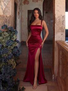 ADYCE 女士优雅吊带前开衩露背褶皱正式舞会礼服派对礼服婚礼宾客礼服 春季 - 酒紅色 - 查看 5