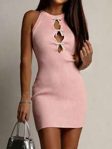 Đầm mini dệt kim không tay ôm sát, thanh lịch, thường ngày, hiện đại, đính nơ và đá lấp lánh, dành cho nữ mùa xuân/hè; trang phục công sở thường ngày; đầm hè thường ngày; đầm hồng; đầm dự tiệc thường ngày. - Hồng - Xem 2