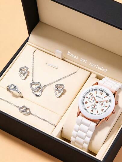 6pcs Teenage Quartz Watch Set, Digital Dial Design, White Silicone Strap, With Silver Necklace, Bracelet, Ring, Earrings Jewelry Set, Best Birthday Gift, Suitable For Daily, Party, Mother's Day Gift For Mom