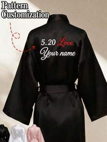 1pc Custom Long Robe Dress Kimono Style 3/4 Sleeve Women's Kimono Sleepwear, Short Sexy Spring/Summer Kimono Style Elegant Soft Shiny Lightweight Knee-Length Printed Sleepwear, Halloween Wedding Anniversary Gift - Black - View 2