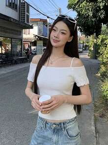 Women's Solid Color Camisole, Casual Short Sleeve Off-Shoulder Knit Top, Spring/Summer White - White - View 4